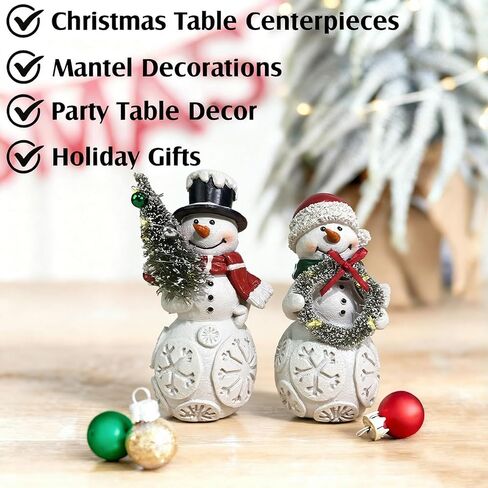 مجموعة زينة عيد الميلاد لرجل الثلج مكونة من قطعتين مع أضواء LED، تماثيل رجل ثلج تضيء من الراتنج مع شجرة وإكليل، ديكور سطح الطاولة للعطلات يعمل بالبطارية لمنزل عيد الميلاد، رف، رف، هدية in Kuwait