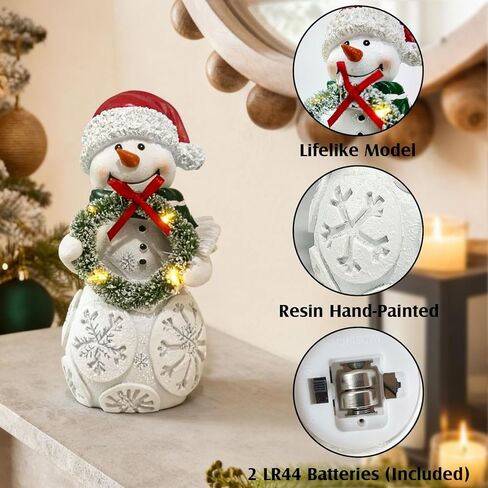 مجموعة زينة عيد الميلاد لرجل الثلج مكونة من قطعتين مع أضواء LED، تماثيل رجل ثلج تضيء من الراتنج مع شجرة وإكليل، ديكور سطح الطاولة للعطلات يعمل بالبطارية لمنزل عيد الميلاد، رف، رف، هدية in Kuwait