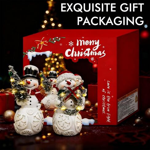 مجموعة زينة عيد الميلاد لرجل الثلج مكونة من قطعتين مع أضواء LED، تماثيل رجل ثلج تضيء من الراتنج مع شجرة وإكليل، ديكور سطح الطاولة للعطلات يعمل بالبطارية لمنزل عيد الميلاد، رف، رف، هدية in Kuwait