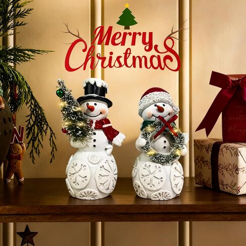مجموعة زينة عيد الميلاد لرجل الثلج مكونة من قطعتين مع أضواء LED، تماثيل رجل ثلج تضيء من الراتنج مع شجرة وإكليل، ديكور سطح الطاولة للعطلات يعمل بالبطارية لمنزل عيد الميلاد، رف، رف، هدية in Kuwait