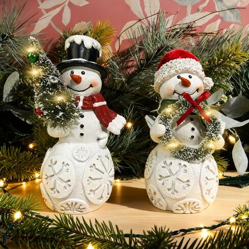 مجموعة زينة عيد الميلاد لرجل الثلج مكونة من قطعتين مع أضواء LED، تماثيل رجل ثلج تضيء من الراتنج مع شجرة وإكليل، ديكور سطح الطاولة للعطلات يعمل بالبطارية لمنزل عيد الميلاد، رف، رف، هدية in Kuwait