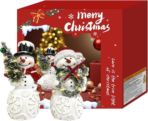 مجموعة زينة عيد الميلاد لرجل الثلج مكونة من قطعتين مع أضواء LED، تماثيل رجل ثلج تضيء من الراتنج مع شجرة وإكليل، ديكور سطح الطاولة للعطلات يعمل بالبطارية لمنزل عيد الميلاد، رف، رف، هدية in Kuwait