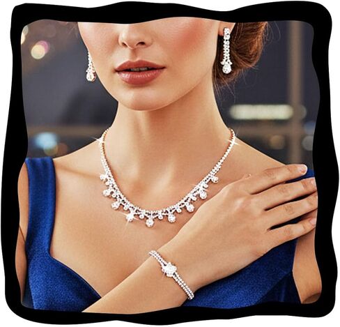 GORAIS Silver Wedding Prom Jewelry Sets Rhinestone Necklace and Earrings Set for Women Formal in Saudi Arabia