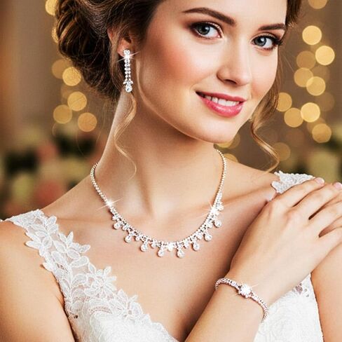 GORAIS Silver Wedding Prom Jewelry Sets Rhinestone Necklace and Earrings Set for Women Formal in Saudi Arabia