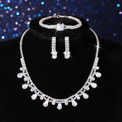 GORAIS Silver Wedding Prom Jewelry Sets Rhinestone Necklace and Earrings Set for Women Formal in Saudi Arabia
