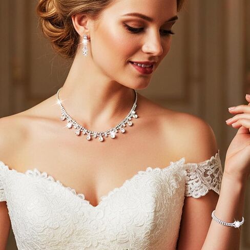 GORAIS Silver Wedding Prom Jewelry Sets Rhinestone Necklace and Earrings Set for Women Formal in Saudi Arabia