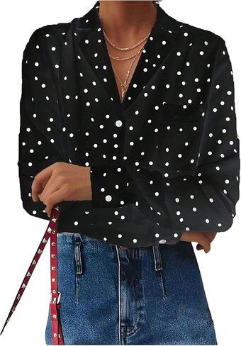 Verdusa Women's Polka Dots Button Down Blouse Long Sleeve Collar V Neck Work Office Dressy Shirts in Saudi Arabia