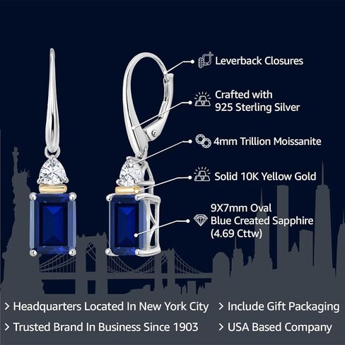 Gem Stone King 5.86 Cttw Blue Created Sapphire and White Moissanite Dangle Earrings For Women | 925 Sterling Silver and 10K Yellow Gold | Emerald Cut 9X7MM | Trillion 4MM in Saudi Arabia