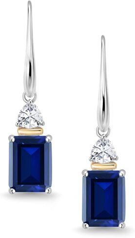 Gem Stone King 5.86 Cttw Blue Created Sapphire and White Moissanite Dangle Earrings For Women | 925 Sterling Silver and 10K Yellow Gold | Emerald Cut 9X7MM | Trillion 4MM in Saudi Arabia