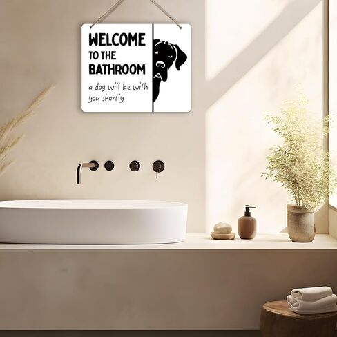Udinaz Funny Dog Welcome Hanging Sign for Bathroom, Funny Bathroom Wall Decor, Humorous Dog Hanging Wood Plaque Decor for Bath Room Washroom Wall Door Decorations in Saudi Arabia