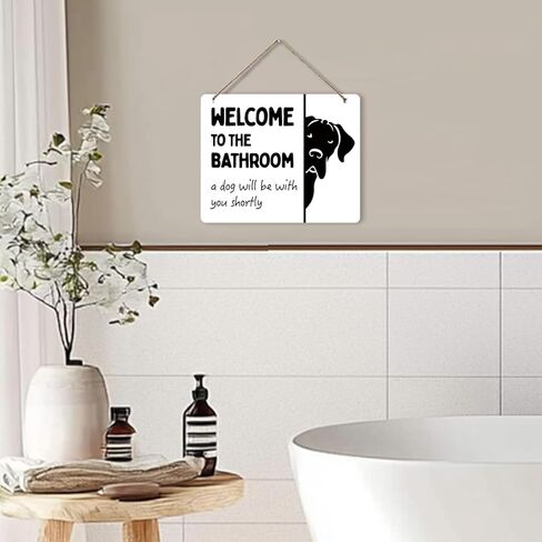 Udinaz Funny Dog Welcome Hanging Sign for Bathroom, Funny Bathroom Wall Decor, Humorous Dog Hanging Wood Plaque Decor for Bath Room Washroom Wall Door Decorations in Saudi Arabia