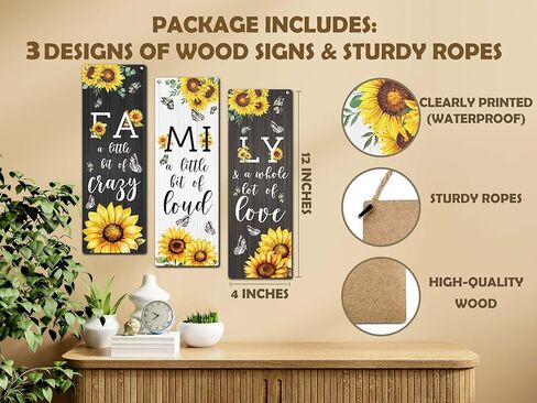 Zmyollo Family Wall Decor Sign, 3 Pieces Sunflower Wooden Sign With Rope, Rustic Wall Art Decor For Home Bedroom Living Room, Artwork Gifts For Family Friend Colleague, B07 in Saudi Arabia
