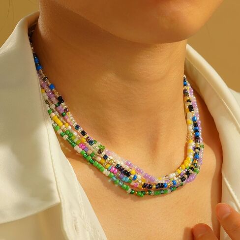 5Pcs Layered Beaded Necklaces for Women Dainty Colorful Bohemian Multilayer Stackable Beads Choker Necklace Set Summer Beach Jewelry Birthday Gifts for Women Best Friend Her in Saudi Arabia