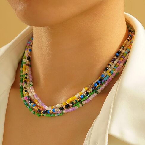 5Pcs Layered Beaded Necklaces for Women Dainty Colorful Bohemian Multilayer Stackable Beads Choker Necklace Set Summer Beach Jewelry Birthday Gifts for Women Best Friend Her in Saudi Arabia