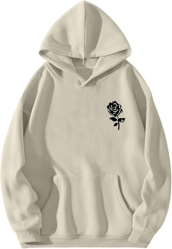 Bobeutou Oversized Graphic Hoodies for Men Rose Print Hoodie Vintage Fleece Hooded Sweatshirt Trendy Pocket Pullover Top in Kuwait