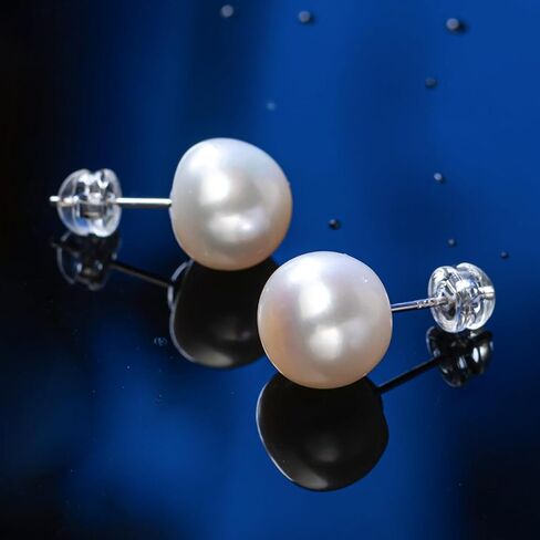 925 Sterling Silver Freshwater Pearl Stud Earrings,Large White Oval Spheres Pearls, Hypoallergenic Classic Minimalist Jewelry for Women in Saudi Arabia