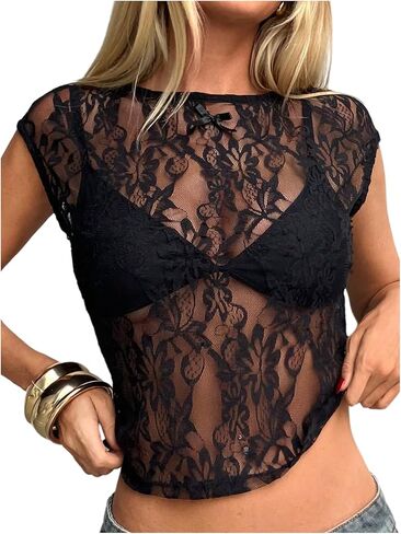 MakeMeChic Women's Floral Lace Tee Shirts Mesh Sheer Cap Sleeve Y2K Crop Concert Tops New Years Eve Outfit in Saudi Arabia