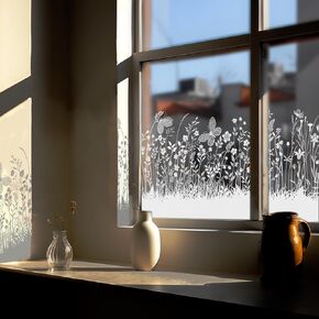 Pure White Window Border Film Floral, Removable See Through Static Cling for Glass Window Decor, Living Room, Grassy-Silhouette Stickers Glass Decor 59.06"X22.83" in Kuwait
