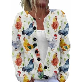 Plus Size Cartoon Chicken Cardigan, Women's Farm Print Button Down Sweater, Soft Round Neck Pullover for Fall Winter in Kuwait