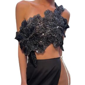 Women 3D Flower Decor Crop Top DIY Tie Up Backless Shimmering Cami Tanks Sparkly Bandeau Tube Tops Rave Club in Kuwait