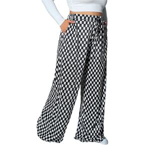 SOLY HUX Women's Plus Size Plaid Checkered Wide Leg Pants Tie Front High Waisted Baggy Pants Trousers with Pockets in Kuwait
