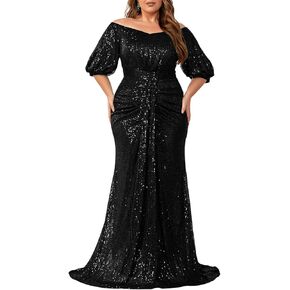 DOUMIFLY Women's Plus Size Off Shoulder Bubble Lantern Sleeves Sequin Formal Party Dress Evening Gown in Kuwait