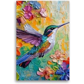 2D No Texture Colorful Painting Hummingbird Canvas Wall Art, Spring Flower Wall Decor, Hummingbird Picture for Wall Living Room Bathroom Bedroom Home Decoration 12*18 in (Stretched Canvas on A Wooden Frame) in Kuwait
