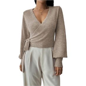 سترة نسائية خريفية ملفوفة بأكمام طويلة، بلوفر كاجوال برقبة على شكل حرف V، مقاس نحيف، سترة علوية متماسكة وملتفة in Kuwait