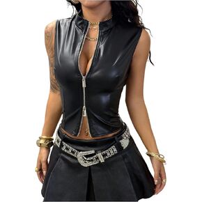 BEAUDRM Women's Y2k Leather Tank Top Zip Up Ruched Sleeveless Mock Neck Fitted Going Out Tops in Saudi Arabia