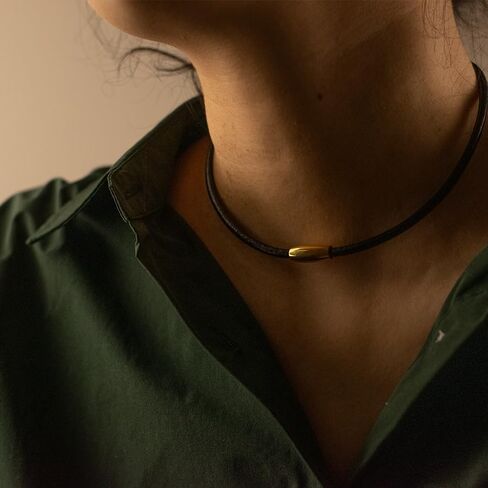 BLKSMTH Women's CHOKER Nappa Cowhide 18k Gold Plated Olive Shaped Magnet Clasp Clavicle Neck Necklace (金色/棕色, 40cm/15.7inch) in Saudi Arabia