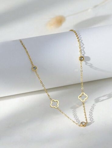 Gold Stainless Steel Necklace for Women Delicate Three Leaf Clover Zirconia Pendant with Intricate Cut-Out Design Elegant Everyday Jewelry Gift for Her in Saudi Arabia