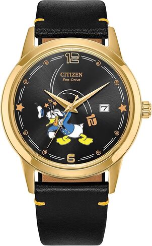 Citizen Men's Eco-Drive Disney Donald Duck Watch, Black Leather Strap, Black Dial, Date (Model: AW1789-04W) in Saudi Arabia