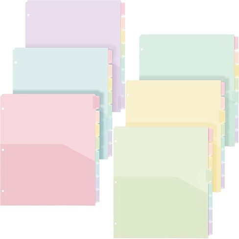 6 Sets 8-Tab Plastic Binder Dividers with Pockets, 3-Hole Punched, 9.75x11.5 Inches, Sturdy & Colorful Page Organizers for 3-Ring Binders, Office Use (Soft Color) in Kuwait