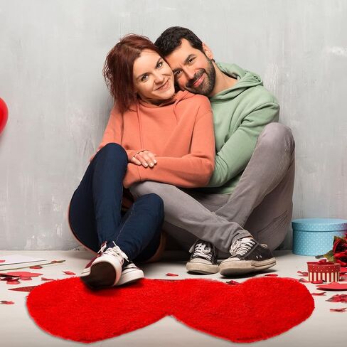 Hoolerry Valentines Heart Rug Double Heart Shaped Bathroom Rug Decorative Non Slip Doormat Washable Love Shag Shower Mat Home Bedroom Living Room 15.75 x 31.5 Inch(Red) in Saudi Arabia