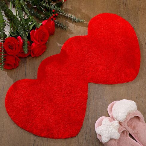 Hoolerry Valentines Heart Rug Double Heart Shaped Bathroom Rug Decorative Non Slip Doormat Washable Love Shag Shower Mat Home Bedroom Living Room 15.75 x 31.5 Inch(Red) in Saudi Arabia