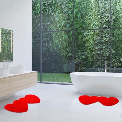 Hoolerry Valentines Heart Rug Double Heart Shaped Bathroom Rug Decorative Non Slip Doormat Washable Love Shag Shower Mat Home Bedroom Living Room 15.75 x 31.5 Inch(Red) in Saudi Arabia