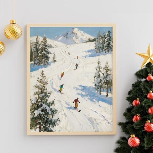 Pawfecto Vintage Skiing Wall Art Unframed – Retro Winter Sports Landscape Print – Snowy Mountain Ski Scene – 8x10" Poster for Lodge, Cabin, or Ski House Decor,Christmas gift,wall prints in Saudi Arabia