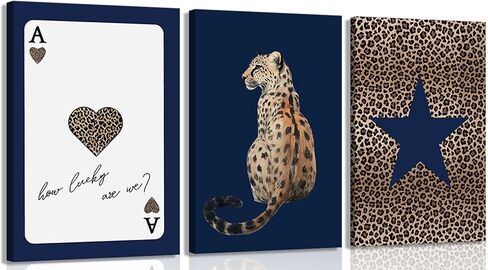 KLXCAJAM 3Pcs Navy Leopard Canvas Wall Art Cheetah Vintage Prints Wall Decor Navy Blue Star Painting Pictures Lucky Trendy Artwork for Gallery Preppy Luxury Home Decoration 12x16in in Saudi Arabia