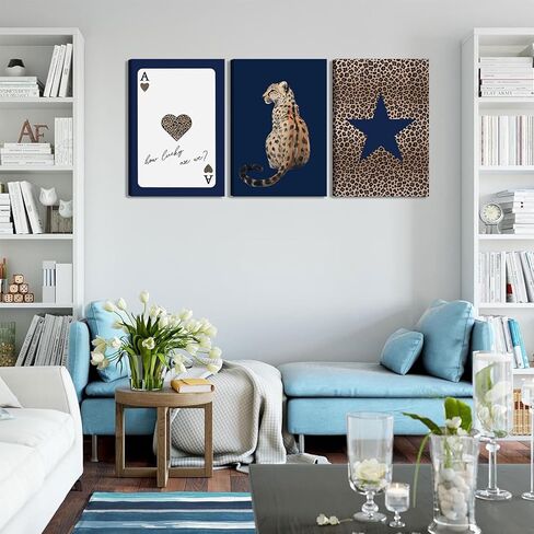 KLXCAJAM 3Pcs Navy Leopard Canvas Wall Art Cheetah Vintage Prints Wall Decor Navy Blue Star Painting Pictures Lucky Trendy Artwork for Gallery Preppy Luxury Home Decoration 12x16in in Saudi Arabia