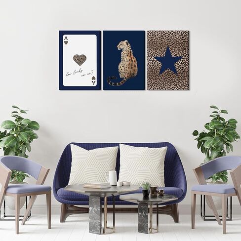 KLXCAJAM 3Pcs Navy Leopard Canvas Wall Art Cheetah Vintage Prints Wall Decor Navy Blue Star Painting Pictures Lucky Trendy Artwork for Gallery Preppy Luxury Home Decoration 12x16in in Saudi Arabia