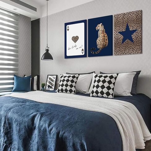 KLXCAJAM 3Pcs Navy Leopard Canvas Wall Art Cheetah Vintage Prints Wall Decor Navy Blue Star Painting Pictures Lucky Trendy Artwork for Gallery Preppy Luxury Home Decoration 12x16in in Saudi Arabia