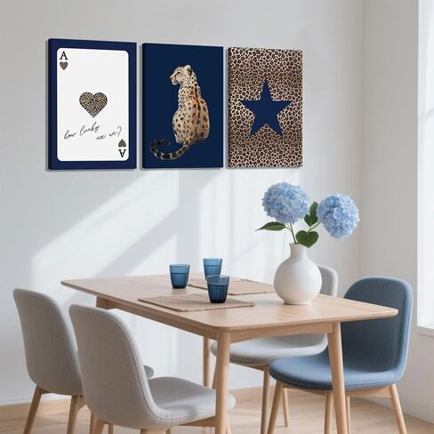 KLXCAJAM 3Pcs Navy Leopard Canvas Wall Art Cheetah Vintage Prints Wall Decor Navy Blue Star Painting Pictures Lucky Trendy Artwork for Gallery Preppy Luxury Home Decoration 12x16in in Saudi Arabia