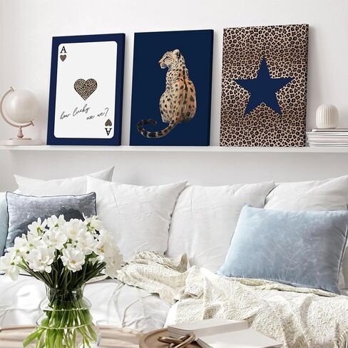 KLXCAJAM 3Pcs Navy Leopard Canvas Wall Art Cheetah Vintage Prints Wall Decor Navy Blue Star Painting Pictures Lucky Trendy Artwork for Gallery Preppy Luxury Home Decoration 12x16in in Saudi Arabia