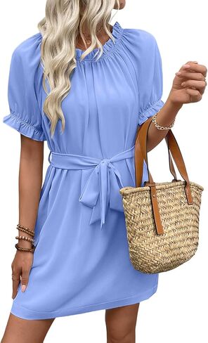 EVALESS Womens Spring Summer Dresses 2026 Casual Off The Shoulder Ruffle Short Sleeve Fashion Beach Vacation Clothes Dresses in Saudi Arabia