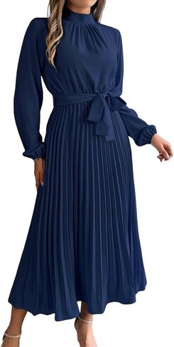Pleated Maxi Dress, Mock Neck A Line, Fall Holiday, Long Sleeve Modest Business Casual Flowy Dresses for Women in Saudi Arabia