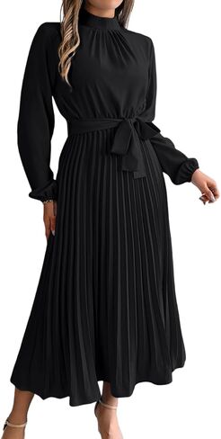 Pleated Maxi Dress, Mock Neck A Line, Fall Holiday, Long Sleeve Modest Business Casual Flowy Dresses for Women in Saudi Arabia