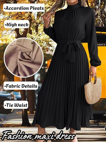 Pleated Maxi Dress, Mock Neck A Line, Fall Holiday, Long Sleeve Modest Business Casual Flowy Dresses for Women in Saudi Arabia