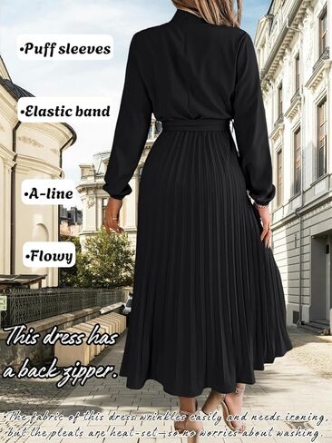 Pleated Maxi Dress, Mock Neck A Line, Fall Holiday, Long Sleeve Modest Business Casual Flowy Dresses for Women in Saudi Arabia
