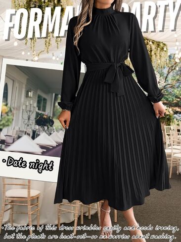 Pleated Maxi Dress, Mock Neck A Line, Fall Holiday, Long Sleeve Modest Business Casual Flowy Dresses for Women in Saudi Arabia