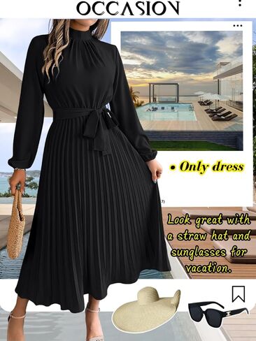 Pleated Maxi Dress, Mock Neck A Line, Fall Holiday, Long Sleeve Modest Business Casual Flowy Dresses for Women in Saudi Arabia